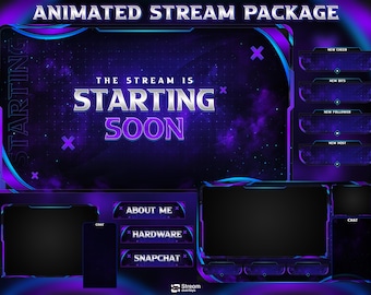 Futuristisches Neon Lila Professionelles Stream Overlay, Cyberpunk Twitch Overlays Paket, Grid Patterns Piercing Layouts, Screens, Panels OBS
