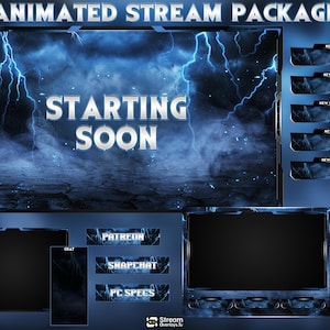 Può includere: Un pacchetto di streaming animato con un tema blu scuro e nero. Lo schermo principale mostra "STARTING SOON" in testo argentato su uno sfondo tempestoso con fulmini. I pannelli aggiuntivi includono "NEW BITS", "NEW CHEER", "NEW FOLLOWER", "NEW HOST" e "NEW MEMBER".