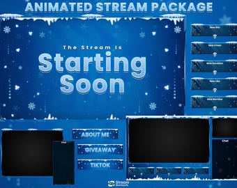 Animiertes Overlay-Paket mit Eis-Effekt für Streams, blaues Winter-Twitch-Overlay-Set, gemütlicher Schneeflocken-Bildschirm, Panels, vTuber-Streaming, Schneefall-OBS