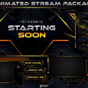 May include: Animated stream package with a black and gold geometric design. The text "THE STREAM IS STARTING SOON" is displayed in silver and gold. Includes chat, about me, and contact me sections, plus follower and donation alerts.