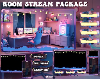Niedliches Kawaii Gaming Room Overlay | Gemütliches Lofi Gamer Girl Twitch Paket | Pink & Blau Verträumtes Raum-setup, Animierte Bildschirme Alarme Panels