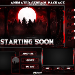 May include: An animated stream package featuring a dark forest theme with a large red moon. The main screen displays the text STARTING SOON. Additional elements include notification bars for cheers, bits, members, likes, donations, and buttons for about me, games, and PO box.