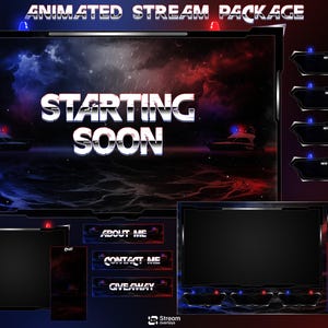 May include: Animated stream package with a police theme. The main screen displays "STARTING SOON" in large, silver text against a backdrop of a stormy sea with police boats. Additional screens and buttons are included, with text like "ABOUT ME" and "GIVEAWAY".