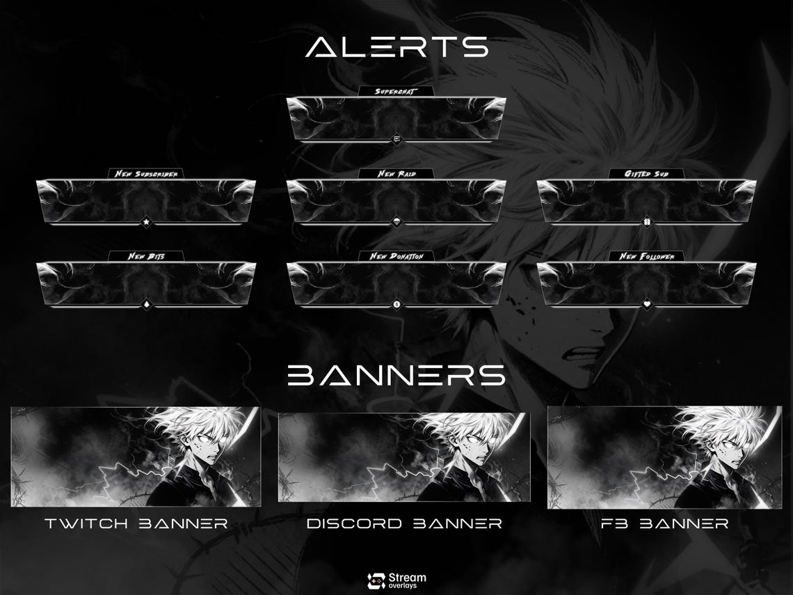 Anime Twitch Overlay Pack | Dark Monochrome Stream Screens | Lightning ...