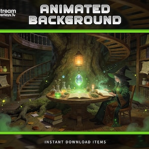 May include: An animated background image featuring a witch in a library setting. The witch is seated at a table with books and potions, illuminated by a hanging lantern and glowing crystal. The image includes the text "ANIMATED BACKGROUND" and "INSTANT DOWNLOAD ITEMS".