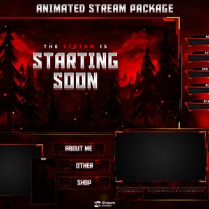 Overlay-Paket „Roter Gruselwald“ für Streams, OBS, Twitch-Overlay „Kiefernwälder“, „Demnächst startende Panels“ mit purpurroten Feuerwolken, Grusel-VTuber-Streaming