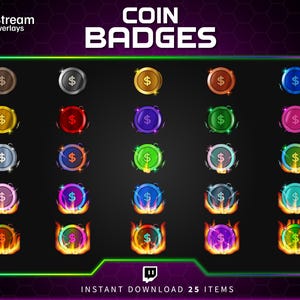Pode incluir: Um conjunto de 25 emblemas de moedas em várias cores, cada um com um símbolo de dólar. Os emblemas são projetados com diferentes efeitos visuais, incluindo chamas e contornos brilhantes. O texto "COIN BADGES" é exibido no topo.