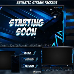 May include: An animated stream package featuring a dark blue and black theme with metallic accents. The main screen displays the text STARTING SOON in a bold, silver font. Includes various overlay frames, chat boxes, and labels for stream events.
