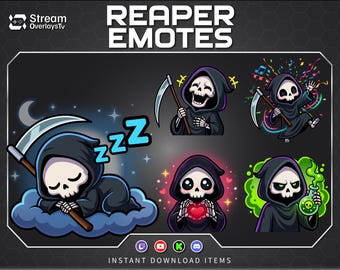 Chibi-Sensenmann-Twitch-Emotes (10 Stück), niedliches Skelett-Discord-Emoji-Paket, gruselige Stream-Deck-Icons, Sofort-Download, Emojis, lustige Sticker