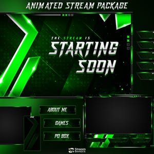 Op de afbeelding: Een geanimeerd stream-pakket met een donkergroen en zwart ontwerp. De tekst "ANIMATED STREAM PACKAGE" staat bovenaan. De woorden "THE STREAM IS STARTING SOON" staan in het midden. Er zijn verschillende vakken met labels zoals "ABOUT ME" en "GAMES".