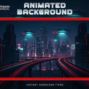 Puede incluir: Fondo animado digital que muestra una ciudad futurista con platillos voladores y luces brillantes. La imagen tiene un borde rojo y el texto "ANIMATED BACKGROUND" y "INSTANT DOWNLOAD ITEMS".