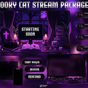 Op de afbeelding: Een Spooky Cat streamingpakket met een paars thema overlay-set. Het hoofdscherm toont een bureau met een monitor die Starting Soon weergeeft, een zwarte kat, een doodskist, kaarsen en een open boek. Inclusief chatboxen, knoppen en alert-panels.