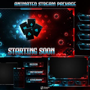 Poker Cards Stream Overlay Paket | Kick-Strom | Kartenspiel | Rot Blau Neon Glücksspiel Thema | Twitch Ressourcen | Kasino Overlay Würfelspiel