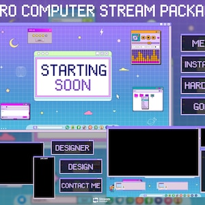 May include: A retro-themed computer stream package with a pixelated design. The package includes a desktop background with icons, a window that says "STARTING SOON", and various overlay elements like "MERCH" and "INSTAGRAM". The color scheme is pastel blue and purple.