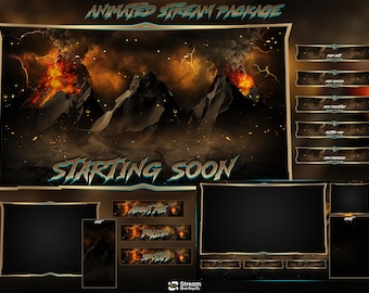 Animiertes Vulkan-Stream-Overlay-Paket, Lava- und Feuer-Overlay für Twitch, Feuerberg, Magma-Bildschirme, Panels, vTuber-Streaming, OBS