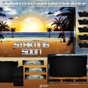 Op de afbeelding: Een geanimeerd stream-pakket met een strandthema. De hoofdafbeelding toont een zonsondergang boven de oceaan met palmbomen en helikopters. Tekst bevat "Animated Stream Package" en "Starting Soon". Extra panelen zijn inbegrepen.