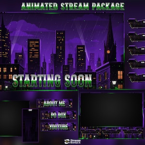 May include: An animated stream package featuring a purple city skyline at night with the text STARTING SOON. Includes various overlay panels, alert boxes labeled NEW BITS, NEW CHEER, NEW DONATION, NEW FOLLOWER, NEW HOST, and info bars for ABOUT ME, PO BOX, YOUTUBE.