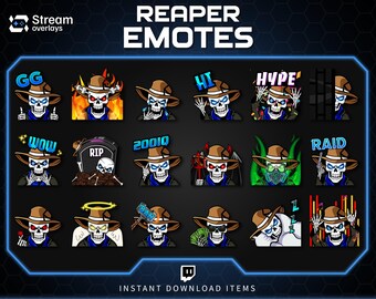 May include: A collection of Reaper emotes with a cowboy hat, each with a different expression and text. The emotes include phrases like "GG", "WOW", "HI", and "HYPE". The text "REAPER EMOTES" is at the top.