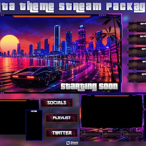 Op de afbeelding: Een digitaal stream-pakket met een GTA-thema, inclusief een skyline bij zonsondergang, een sportwagen en de tekst "GTA THEME STREAM PACKAGE" en "STARTING SOON". Bevat diverse overlay-frames, social media-knoppen en labels voor lay-outs.