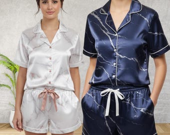 Printed Satin Pajama Set, Short Sleeve Button Up Top, Pocket Shorts, Soft Breathable Sleepwear, Luxe Loungewear Gift
