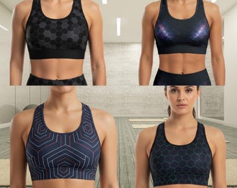 All Over Print Racerback Sports Bra, Removable Pads, Sweat Wicking Yoga Gym Top