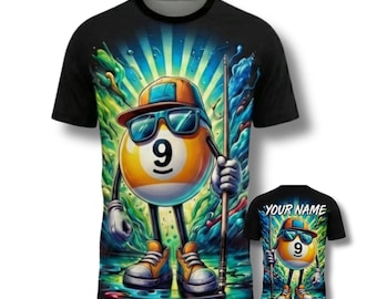 Personalized 9 Ball Pool T-Shirt, Funny Cartoon Graphic Tee, Billiards Gift
