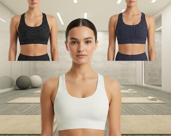 All Over Print Racerback Sports Bra, Removable Pads, Sweat Wicking Yoga Gym Top