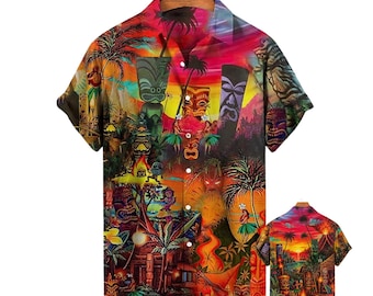 Tiki Hawaiian Shirt, Luau Party Tropical Aloha Short Sleeve Button Up
