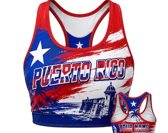 Puerto Rico Sports Bra, Puerto Rican Flag Racerback Bra, Custom Name Workout Top
