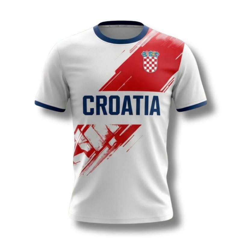 Peut inclure: T-shirt blanc avec une bande diagonale rouge et le mot "CROATIA" en bleu marine. Le t-shirt pr&eacute;sente un col et des bordures de manches bleu marine, ainsi qu'un blason croate.