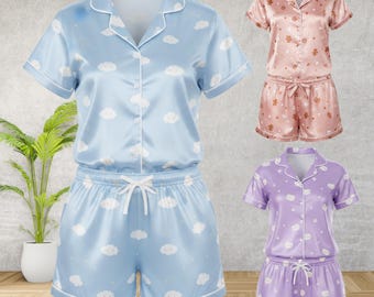 Printed Satin Pajama Set, Short Sleeve Top and Pocket Shorts
