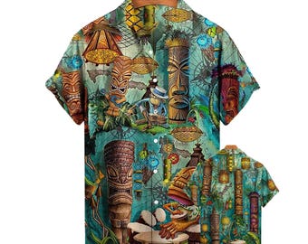Tiki Hawaiian Shirt, Luau Party Tropical Aloha Short Sleeve Button Up