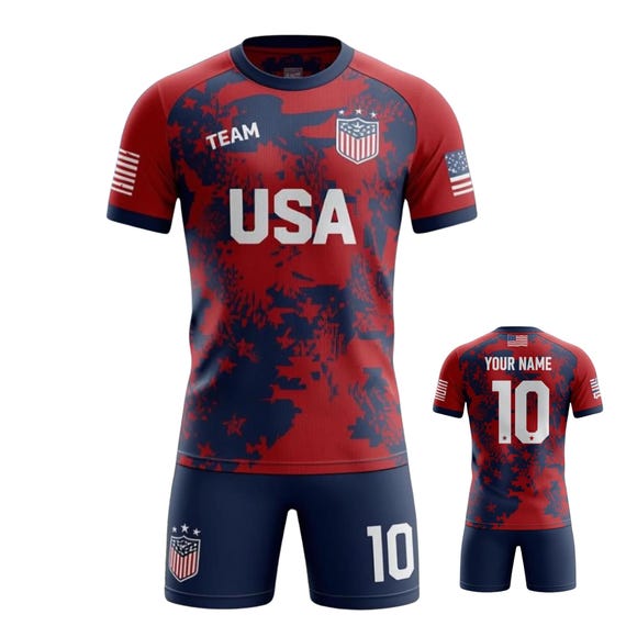 Custom USA Soccer Jersey and Shorts Set, Personalized Name Number Football Kit, American Flag Team Uniform, Unisex Match Day Fan Gear