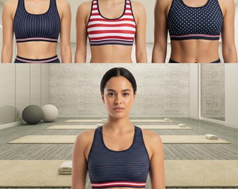 All Over Print Racerback Sports Bra, Removable Pads, Sweat Wicking Yoga Gym Top