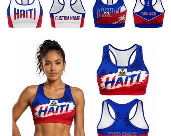 Haiti Sports Bra, Haitian Flag Racerback Bra, Haiti Workout Top, Custom Name Gift