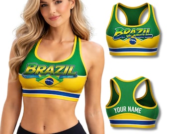 Customizable Brazil Flag Sports Bra, Racerback Workout Gym Top