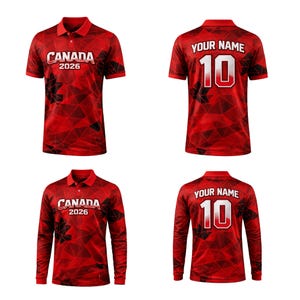Könnte beinhalten: Rote Poloshirts mit geometrischem Muster und dem Text "CANADA 2026". Ein Shirt hat "YOUR NAME" und die Nummer "10" auf dem Rücken. Erhältlich in Kurz- und Langarm.