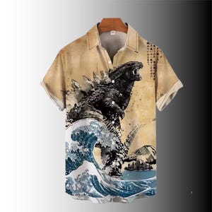 godzilla dress shirt Men's Japanese Godzilla Wave Art Short Sleeve Shirt