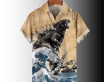Godzilla Hawaiian Shirt: Ukiyo-e Wave Print, Japanese Kaiju Aloha Shirt