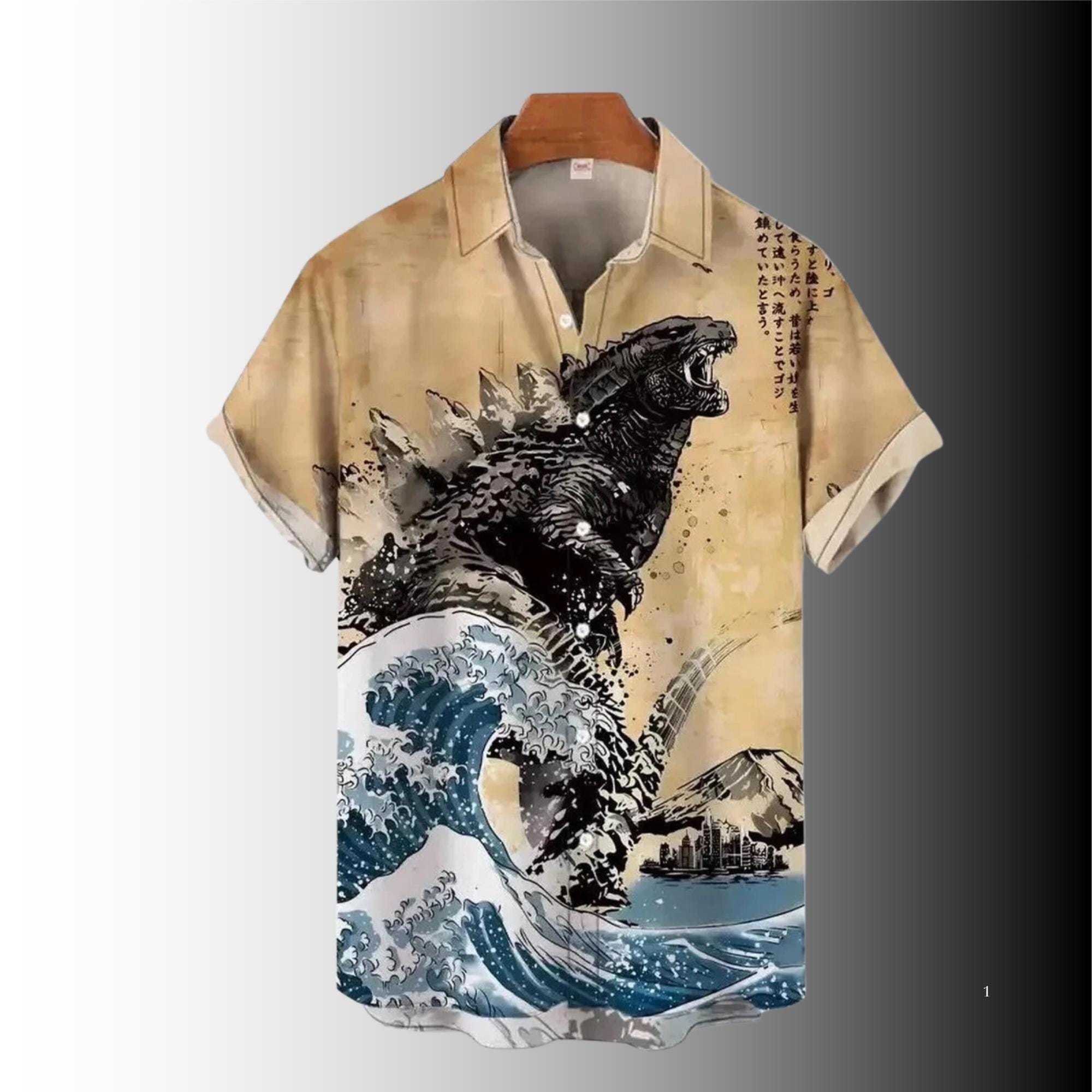 Godzilla Hawaiian Shirt: Ukiyo-e Wave Print, Japanese Kaiju Aloha