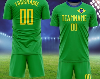 Custom Brazil soccer kit, green football uniform, personalized team name, training set for players.