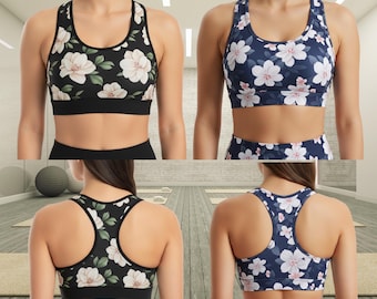 All Over Print Racerback Sports Bra, Removable Pads, Sweat Wicking Yoga Gym Top
