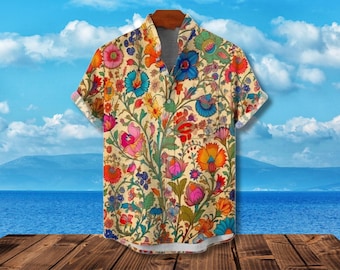Vintage Floral Hawaiian Shirt, 3D Botanical Print, Summer Beach Top