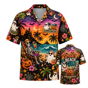 May include: A short-sleeved button-down shirt featuring a vibrant tropical Halloween print with skeletons, ghosts, palm trees, pumpkins, and beach scenes. The design includes text reading "SUMMERWEEN" and "SPOOKY BEACH CLUB" in a colourful sunset-themed pattern.