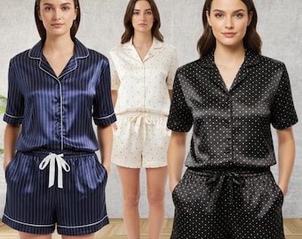 Printed Satin Pajama Set, Luxe Short Sleeve Loungewear
