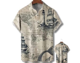 Vintage Nautical Hawaiian Shirt, Pirate Map Aloha Shirt, Ocean Sailing Summer Beach Shirt