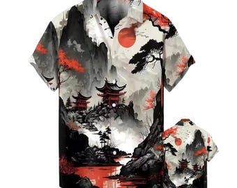 Japanese Landscape Hawaiian Shirt, Mount Fuji Pagoda Aloha Vacation Button Up