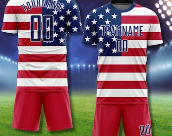 Custom USA Flag Soccer Jersey Kit, Patriotic American Football Uniform, Personalized Team Name Number