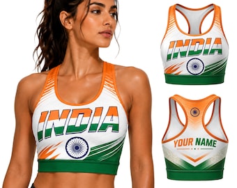 India Sports Bra, Indian Flag Racerback Bra, Custom Name Workout Top