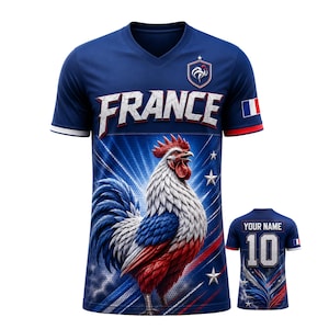May include: A blue V-neck jersey featuring the word FRANCE in white lettering, a rooster graphic with red, white, and blue feathers, and a small French flag on the sleeve. The back displays the text YOUR NAME above the number 10 in white.